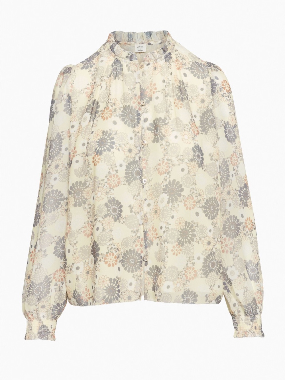 Aritzia Wilfred Santiago Yellow Floral Button Sheer Blouse Womens Size Large